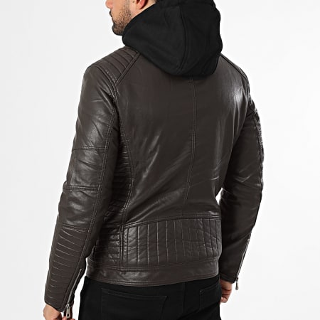 Kymaxx - Veste Capuche Biker Simili Cuir Marron Foncé