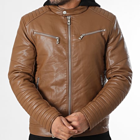 Kymaxx - Veste Capuche Biker Simili Cuir Camel