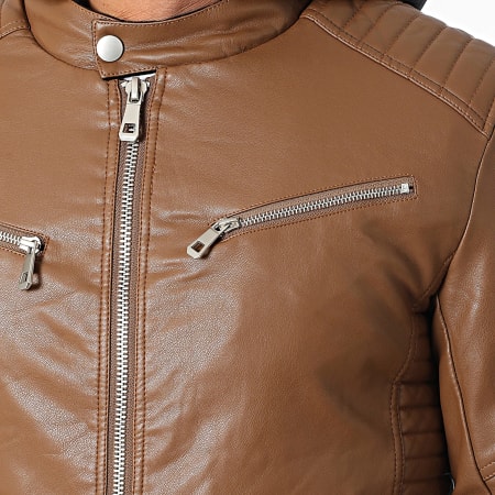 Kymaxx - Veste Capuche Biker Simili Cuir Camel