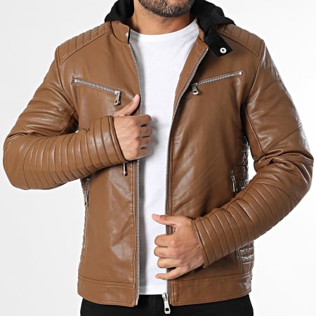 Kymaxx - Veste Capuche Biker Simili Cuir Camel