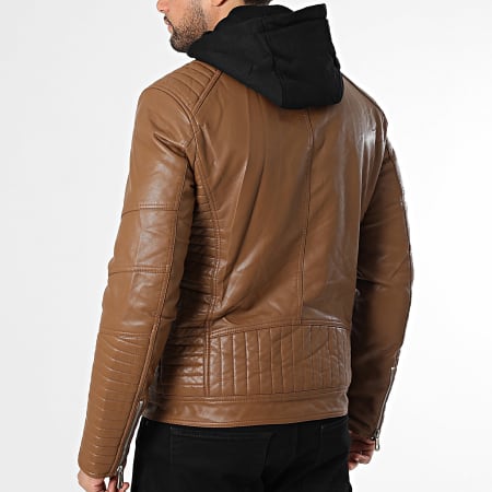 Kymaxx - Veste Capuche Biker Simili Cuir Camel