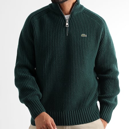 Lacoste - Pull Col Zippé Logo Brodé Crocodile Vert Foncé