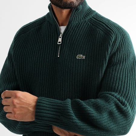 Lacoste - Pull Col Zippé Logo Brodé Crocodile Vert Foncé