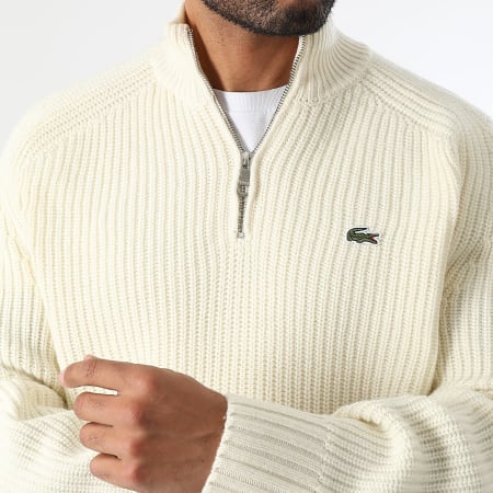 Lacoste - Pull Col Zippé Logo Brodé Crocodile Beige Clair