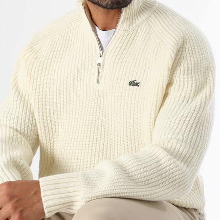 Lacoste - Pull Col Zippé Logo Brodé Crocodile Beige Clair