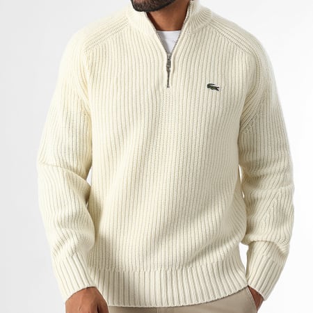 Lacoste - Pull Col Zippé Logo Brodé Crocodile Beige Clair