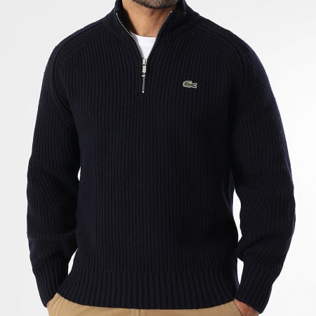 Lacoste - Pull Col Zippé Logo Brodé Crocodile Bleu Marine