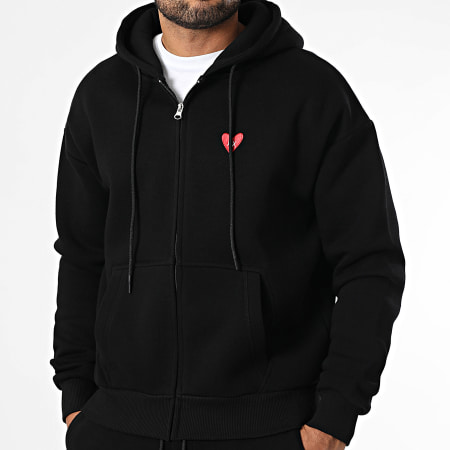 Luxury Lovers - Conjunto Sudadera con cremallera con capucha y pantalón pantalón chándal Red Heart Bordado Negro