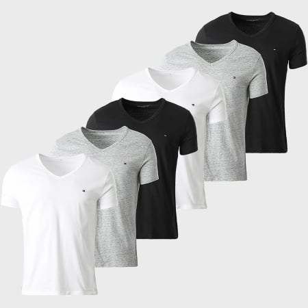 Tommy Hilfiger - Lot De 6 Tee Shirts Col V Signature 3637 Noir Blanc Gris Chiné