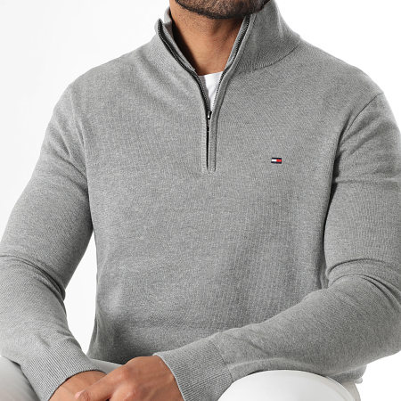 Tommy Hilfiger - Pull Col Montant Zippé Essential Cotton 7331 Gris Chiné