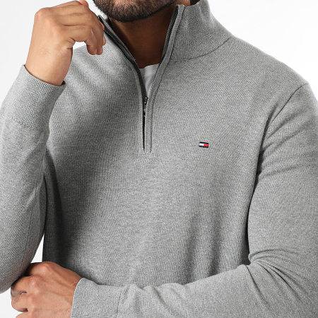Tommy Hilfiger - Pull Col Montant Zippé Essential Cotton 7331 Gris Chiné