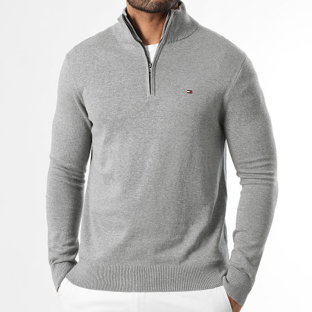 Tommy Hilfiger - Pull Col Montant Zippé Essential Cotton 7331 Gris Chiné