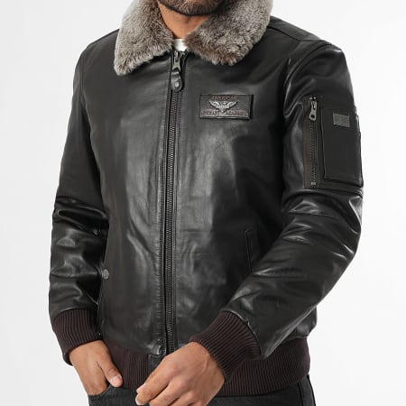 Redskins - Veste Cuir Col Fourrure Texaco Fender Marron Foncé