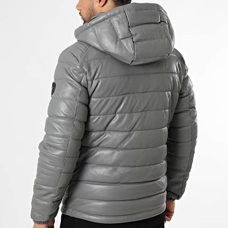 Kymaxx - Plumífero con Capucha Simil Cuero Gris Antracita