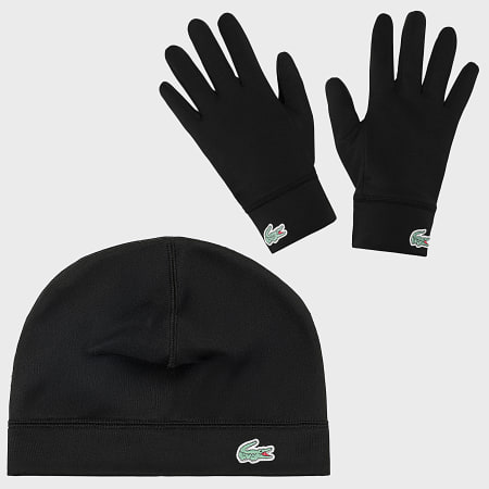 Lacoste - Lot Bonnet Et Gants Logo Crocodile Noir