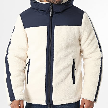 Kymaxx - Veste Polaire Capuche Zippée Beige Clair Bleu Marine