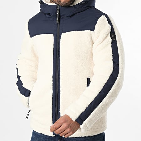 Kymaxx - Veste Polaire Capuche Zippée Beige Clair Bleu Marine
