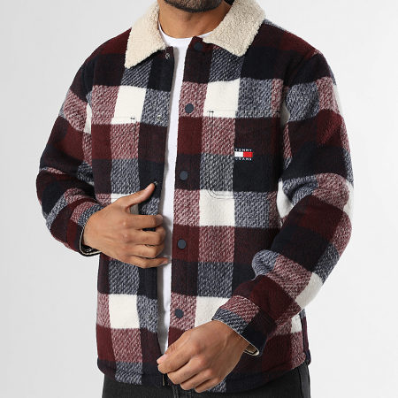 Tommy Jeans - Veste Col Mouton A Carreaux Teddy 2010 Blanc Bordeaux Bleu Marine