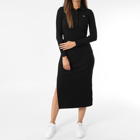 Lacoste - Vestido Largo Polo de Manga Larga Mujer Logo Bordado Cocodrilo Negro
