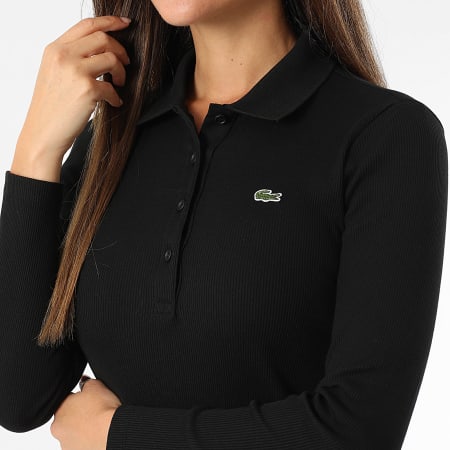 Lacoste - Vestido Largo Polo de Manga Larga Mujer Logo Bordado Cocodrilo Negro