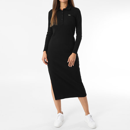 Lacoste - Vestido Largo Polo de Manga Larga Mujer Logo Bordado Cocodrilo Negro