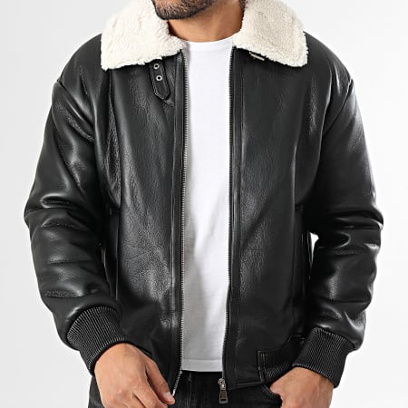 Beige Black Zippered Faux Leather Jacket F99