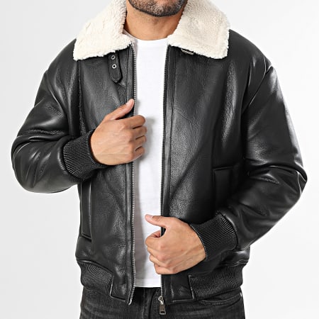 Frilivin - Chaqueta De Piel Sintética Con Cremallera F99 Negro Beige Claro