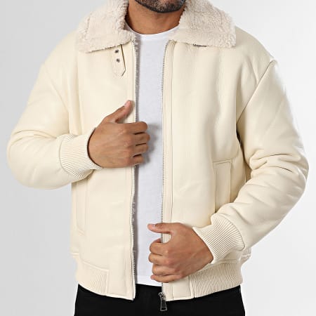 Frilivin - Chaqueta de Piel Sintética con Cremallera F99 Beige Claro