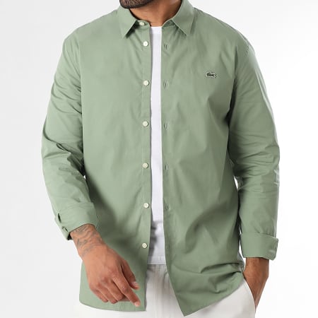 Lacoste - Caqui Verde Camisa Manga Larga Slim Fit Logo Cocodrilo Bordado