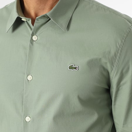 Lacoste - Caqui Verde Camisa Manga Larga Slim Fit Logo Cocodrilo Bordado
