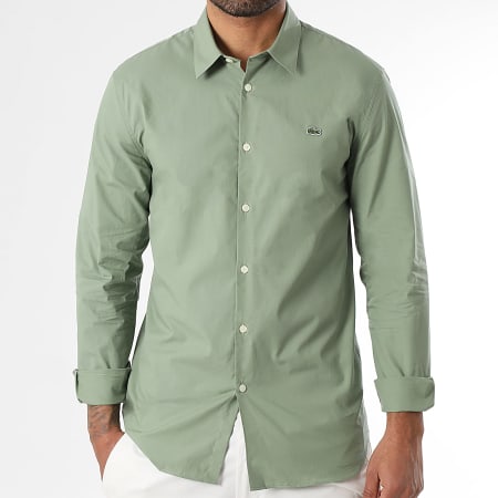 Lacoste - Caqui Verde Camisa Manga Larga Slim Fit Logo Cocodrilo Bordado