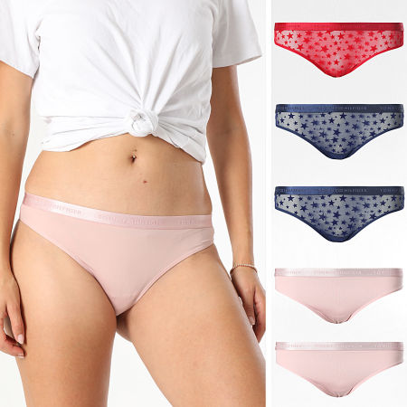 Tommy Hilfiger - Set van 5 Strings in Kant Dames Thong 6136 Marineblauw Rood Roze
