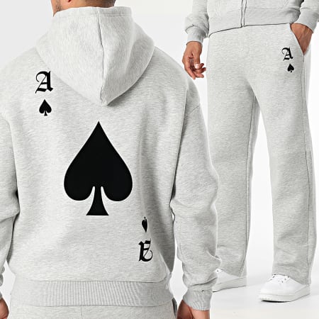 Luxury Lovers - Completo Felpa Zip con Cappuccio e Pantaloni Jogging Ace Of Spades Grigio Melange Nero