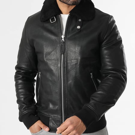 Schott NYC - Chaqueta Cuero Verdadero Cuello de Borrego Aviator Cremallera Negro