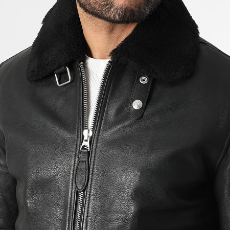 Schott NYC - Chaqueta Cuero Verdadero Cuello de Borrego Aviator Cremallera Negro