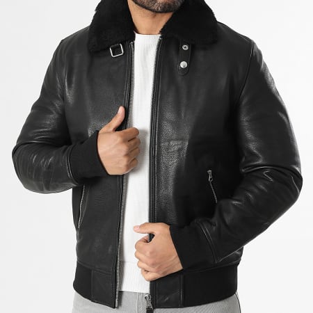 Schott NYC - Chaqueta Cuero Verdadero Cuello de Borrego Aviator Cremallera Negro