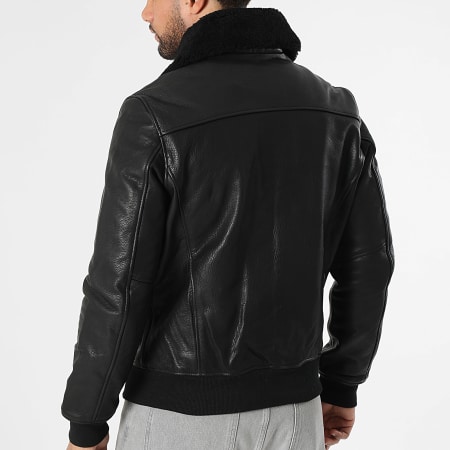 Schott NYC - Chaqueta Cuero Verdadero Cuello de Borrego Aviator Cremallera Negro