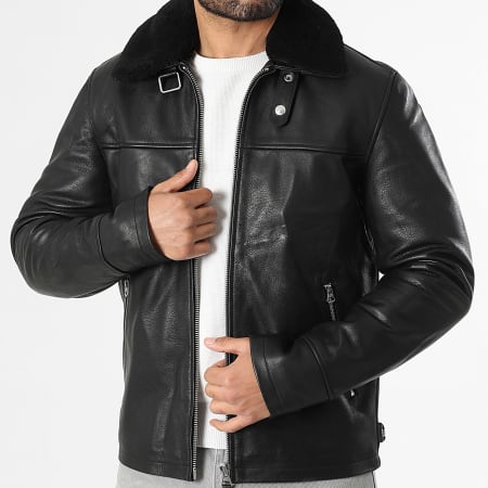 Schott NYC - Chaqueta de Cuero Cuello de Borrego Classic Zip Negro