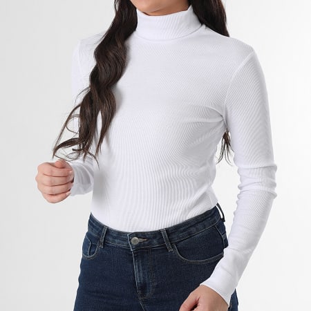 Only - Tee Shirt Manches Longues Rib Femme Lucky Blanc