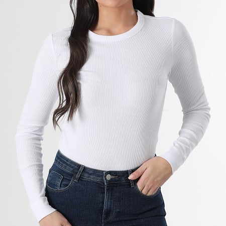 Only - Tee Shirt Manches Longues Rib Femme Lucky Blanc