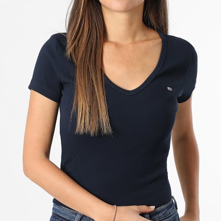 Tommy Jeans - Tee Shirt Col V Femme Slim Essential Rib 7385 Bleu Marine