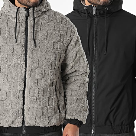 John H - Chaqueta Con Capucha Zippée Piel A Cuadros Reversible 03 Gris Negro