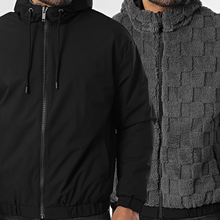 John H - Veste Capuche Zippée Fourrure Réversible 03 Gris Anthracite Noir