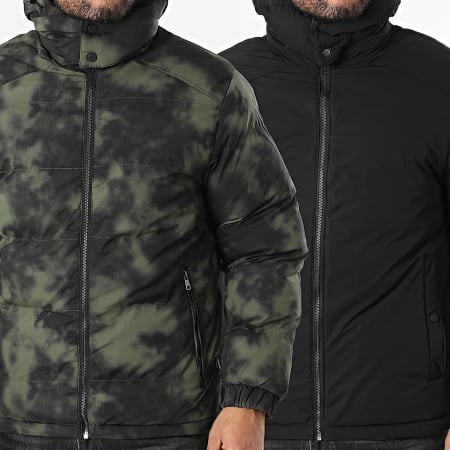 John H - Plumífero con capucha reversible 04 Verde Kaki Negro