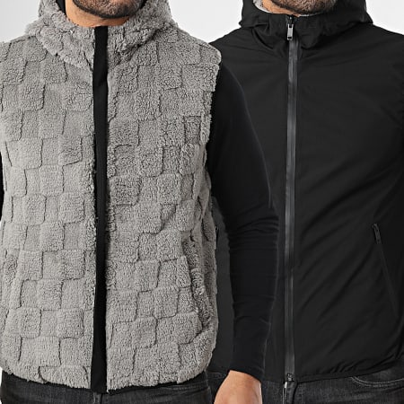 John H - Chaqueta Capucha Zippée Piel Sintética Sin Mangas 02 Gris Negro Reversible