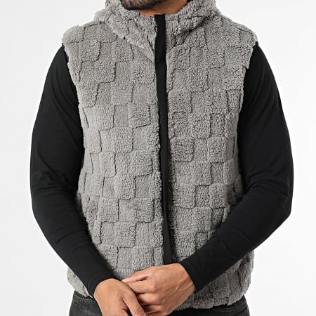 John H - Chaqueta Capucha Zippée Piel Sintética Sin Mangas 02 Gris Negro Reversible