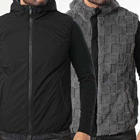 John H - Chaqueta con capucha zippée de piel sin mangas 02 gris antracita negro reversible