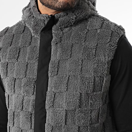 John H - Chaqueta con capucha zippée de piel sin mangas 02 gris antracita negro reversible