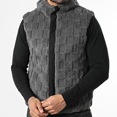 John H - Chaqueta con capucha zippée de piel sin mangas 02 gris antracita negro reversible