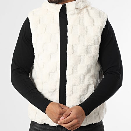 John H - Chaqueta Capucha Zippée Piel Sintética Sin Mangas 02 Beige Claro Negro Reversible